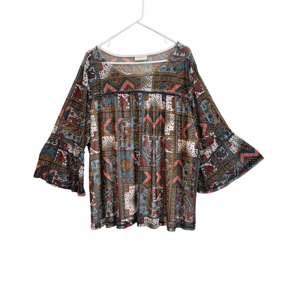 Bobbie Brooks Patchwork Peasant Top Long Bell Sleeves Sheer 2X Y2k Boho Chic